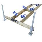 a wooden frame with two blue rollers attached to it