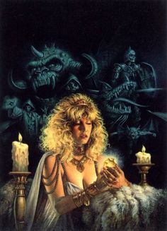 a painting of a woman sitting on a chair with candles in front of her and monsters behind her