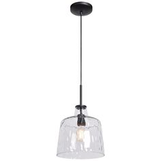 a clear glass light fixture hanging from a black metal ceiling lamp with an acrylic shade