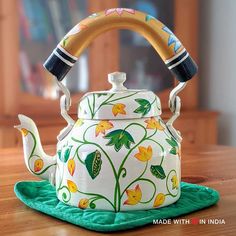 Pilaghanti - Hand Painted Chai Kettle Teapot in White, Green, & Yellow Tea Pots Made with Love in India Painting On Kettle, Tea Pot Painting Ideas, Rikshaw Art Bangladesh, Rickshaw Paint