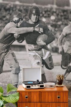 an old photo of two football players running with the ball in front of them and a record player behind it