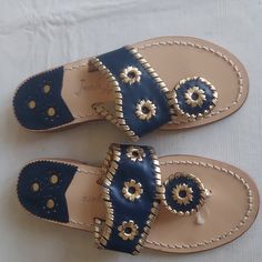 Nwot Jack Rogers Flat Sandal Women's Size 5m Navy And Gold Flip Flops Slip On Casual Shoe Navy Round Toe Sandals With Cushioned Footbed, Blue Toe Post Sandals For Vacation, Blue Leather Toe Post Sandals, Navy Flat Sandals For Summer, Navy Slip-on Sandals For Summer, Blue Leather Sandals For Vacation, Blue Leather Vacation Sandals, Blue Leather Casual Flip Flops, Casual Blue Leather Flip Flops