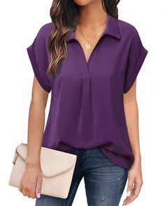 PRICES MAY VARY. Material: This blouses for women is made of 100% polyester, offering a soft and smooth feel. It's lightweight, wrinkle-resistant, and breathable, making a comfortable and elegant wear. Stylish lapel dress shirt: The V-neck design flatters your neck, while the short rolled sleeves with shoulder drops provide a comfortable fit and cover any minor arm imperfections, making your arms look great. Perfect Fit and Seasonal Wear: The front pleat gives extra room for your chest, and the Purple Top Outfit, Business Casual Tops, Summer Business Casual, Short Sleeve Blouses, Business Casual Top, Business Casual Summer, V Neck Shirts, Purple Shirt, Casual Tops For Women