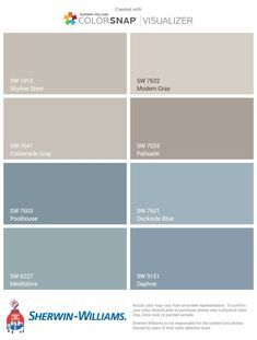 the color scheme for sherylin williams's paint swatches, including gray and blue