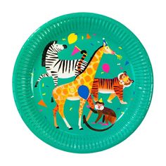 Teal colored paper plate with safari zoo animals printed on the plate wearing party hats and holding balloons. Zoo Animal Party, Paper Plate Animals, Jungle Animals Party, Animal Plates, Wild Birthday Party, Jungle Theme Parties, Jungle Birthday Party, Jungle Safari Party, Zoo Party