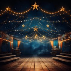 an image of a stage with stars on the ceiling and lights hanging from the ceiling