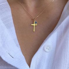 Minimal Solid Gold  Cross Necklace With Solid Gold Tiny Evil Eye pendant, made of high-quality 14k Solid Gold chain. Elegant necklace for both everyday or special looks.  Ideal for baptism or Easter gift. The length of Solid Gold Cross is 2.2 cm.The weight is app. 1 gr. Length approx. 15 inches / 38 cm - with 1.2 inch extension. ♥ All items will come in a nice gift box ♥ ★ Read our policies before purchase: https://www.etsy.com/shop/Jewellusion/policy/ ★ Convo me for custom orders or any questio Blue Cross Pendant Necklace For Gift, Blue Pendant Charm Necklace For Everyday, Everyday Blue Clavicle Chain Necklace, 14k Gold Blue Clavicle Chain Jewelry, Dainty Blue Charm Necklace For Everyday, Dainty Blue Clavicle Charm Necklace, Dainty Blue 14k Gold Necklace, Minimalist Blue Round Pendant Charm Necklace, Minimalist Blue Charm Necklace For Everyday