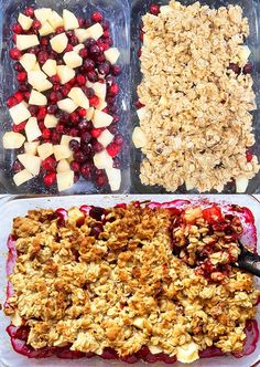 three trays filled with different types of food and one has cranberry topping