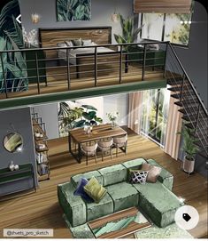 an artist's rendering of a living room and dining area in a loft apartment