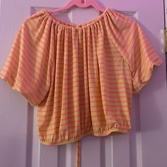 This Shirt Is Light And Fun And Perfect For Spring And Summer! It’s Got Cuffed, Half Length Sleeves And The Shirt Itself Is Also Elastic Cuffed. The Back Has Strings That Tie The Neckline As Tight Or As Loose As You Wish! Brand New And Never Worn. Striped Crew Neck Tops For Vacation, Striped Short Sleeve Summer Top, Summer Striped Short Sleeve Tops, Striped Crop Top For Spring, Spring Striped Crop Top, Striped Short Sleeve Summer Blouse, Summer Striped Short Sleeve Blouse, Cute Striped Tops For Vacation, Sun Shirt