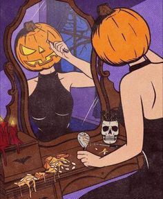 a painting of a woman looking at herself in the mirror with a pumpkin on her face