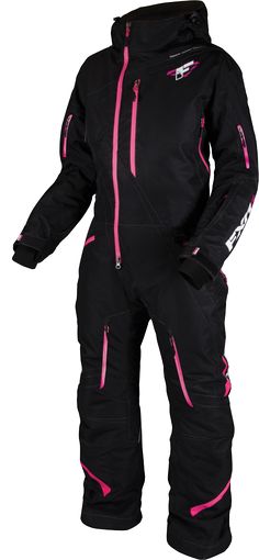 a black snow suit with pink zippers