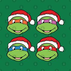 turtles wearing christmas hats on green background