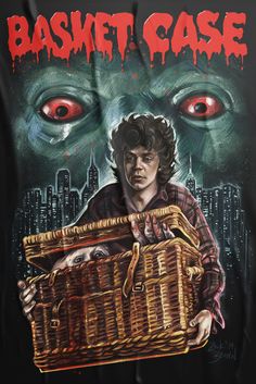 a movie poster with a creepy man holding a basket in front of him and the words basket case on it