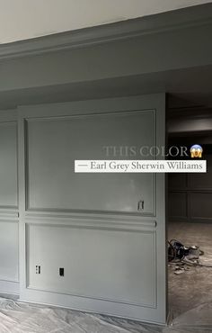 an empty room that is being painted in gray with the words eat grey shelving williams