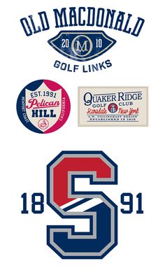 several different logos and numbers on a white background, including the number five in red, blue