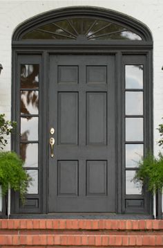 a black front door with two potted plants