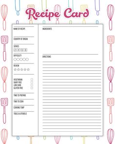 recipe card with utensils on it and the words recipe card written in pink