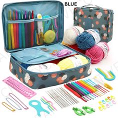 an open suitcase filled with knitting supplies and crochet hooks