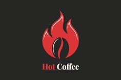 the hot coffee logo is shown on a black background with red flames in the middle