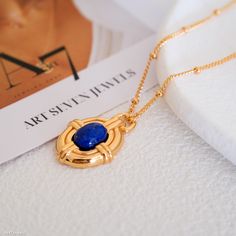 Discover timeless elegance with our Dainty Lapis Lazuli Pendant Necklace, a vintage-inspired masterpiece that effortlessly marries classic style and contemporary grace. The pendant features an oval Lapis Lazuli at its center, radiating a captivating blue hue. Paired with sterling silver earrings, this gemstone necklace exudes sophistication, making it a versatile accessory for any occasion. Whether treating yourself or surprising a loved one with a thoughtful Valentine's gift, this beautifully c Elegant Sapphire Jewelry With Cabochon, Elegant Lapis Lazuli Jewelry For Formal Occasions, Elegant Formal Lapis Lazuli Jewelry, Blue Tarnish Resistant Pendant Jewelry, Blue Tarnish-resistant Pendant Jewelry, Elegant Royal Blue Necklace For Gift, Elegant Royal Blue Pendant Jewelry, Vintage Sapphire Necklace For Gift, Elegant Blue Natural Stone Jewelry