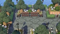 an animal crossing map with benches and flowers