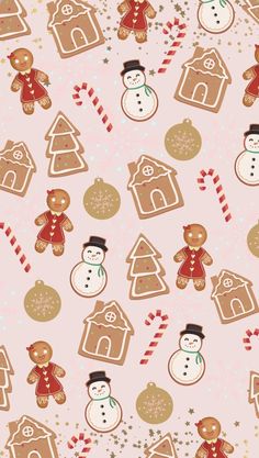 a pink background with gingerbreads, snowmen and gingerbread houses on it