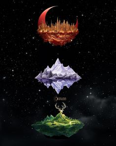 three different types of mountains and trees in the night sky with stars above them, one is