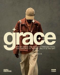 a man in brown jacket and tan hat walking down street with the words grace on it