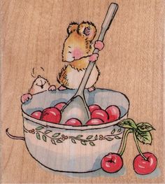 a drawing of a hamster eating cherries in a bowl with a spatula