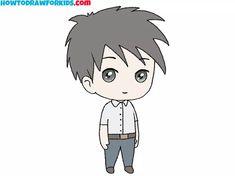 an anime character with black hair and gray pants, standing in front of a white background