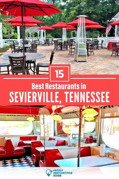 an outdoor dining area with tables and umbrellas for the best restaurants in sevierville, tennessee