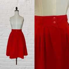 "vintage red high waist full skirt. fitted waist. full silhouette. two button closure & zip fly closure. please waist. hidden hip pockets. falls to above knee length. ○ Circa: 1980s ○ Label: Lord & Taylor ○ Fabric: Cotton ○ Color: Red ○ Condition: Excellent. No notable flaws. Modern Size Estimate: Small ⦿ Tag reads size 10 ⦿ Waist: 26/27\" ⦿ Hips: free ⦿ Length: 25.5\" All measurements are taken flat. ❉ this is a vintage item and there is ONLY one! Item no. LT1805 This garment has been dry clean High Waist Skirt, Red High, Office Outfits, Full Skirt, Above Knee, Fabric Cotton, Waist Skirt, High Waisted Skirt, Knee Length