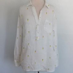 New Without Tags! Cotton Button Down With “Lemons” Decorating Front And Back! So, Cute! White Cotton With Linen Or Flax Look, Front Pocket. Size M Summer Cotton Blouse With Buttons, Summer Long Sleeve Blouse With Buttons, Yellow Long Sleeve Vacation Shirt, Yellow Beach Top With Buttons, Yellow Button-up Blouse For Vacation, Yellow Button-up Vacation Tops, Yellow Buttoned Vacation Top, Yellow Vacation Top With Button Closure, Yellow Button-up Top For Vacation