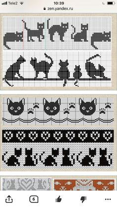 the cross stitch pattern is shown in different colors and sizes, including black cats with orange eyes