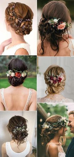 wedding hairstyles for the bride with flowers in their hair and braids on her head