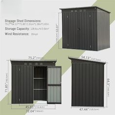 three sizes of storage cabinets with doors and shelves on each side, shown from the front to the back