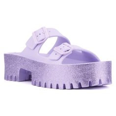 For effortless summer style from beach to boardwalk, slip into our Sparkles slide sandal. Its glitter finish adds a touch of illumination to the double-strap upper, complemented by a sturdy lug sole for comfort and traction. Perfect for casual outings or seaside adventures, the Sparkles sandal combines chic design with practicality, ensuring you shine brightly wherever you go this summer. Purple Synthetic Slides For Summer, Spring Vacation Glitter Sandals, Rhinestone Slides, Sparkle Sandals, Wide Width Sandals, Olivia Miller, Fashion To Figure, Platform Espadrilles, Platform Slides