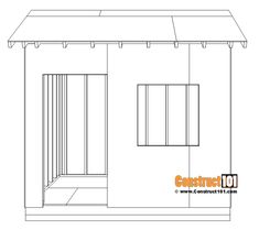 an outline drawing of a small building with bars on the sides and windows above it