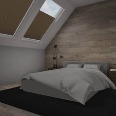 a bedroom with two skylights and a bed in the corner, next to a window