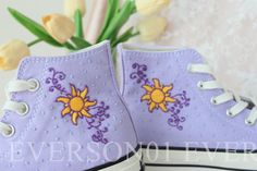 Welcome to my shop.  Note: The shoes in the picture are taro purper .  Due to differences in computer monitors, colour differences may occur. If you prefer a different colour shoe, please send me a message.The products in our shop are all original hand embroidered pieces. Our embroidery styles are 100% original. If you see the same embroidery work in other shops, it is copied and violates our shop's intellectual copyright, so please support the originality. Thank you for your support. If the shoe itself does not have a date and name, there is an additional $10 embroidery fee for adding the date and name separately, plus there will be a fee for adding embroidery or changing the embroidery pattern, changing the colour of the embroidery pattern etc. depending on the difficulty, please contact Rapunzel Converse, Pink Converse Embroidery, Tangled Converse, Tangled Embroidery, Tangled Shoes, Rapunzel Shoes, Painting Converse, Custom Converse Ideas, Embroidered Shoes Converse