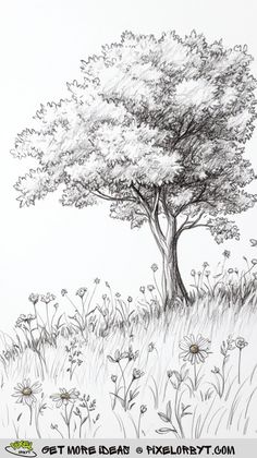 a drawing of a tree in the middle of a field