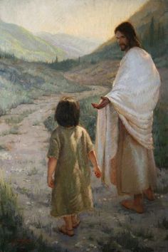 a painting of jesus holding the hand of a little boy who is walking down a path