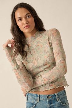 Every Rose Floral Mesh Long-Sleeve Mock-Neck Top | ShopPromesa Mock Neck Top, Mock Neckline, Mesh Long Sleeve, Thumb Holes, Summer 2024, Raglan Sleeve, Mesh Top, Mock Neck, Floral Prints