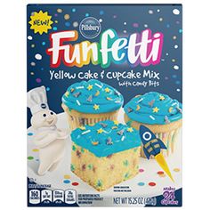 a package of funfetti yellow cake cupcake mix with blue frosting and sprinkles