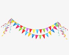 colorful party flags and streamers on white background