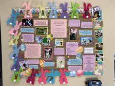 a bulletin board is decorated with pictures and bunny ears on the front, along with easter decorations