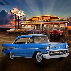 Blue 57 Chevy Diner Photo Backdrop - Pro 10  x 10 57 Chevy Convertible, Grease Movie, Carros Vintage, Chevy Nomad, Booth Backdrops, Auto Retro, Sports Wedding, 57 Chevy, Studio Backgrounds