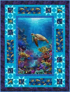 a painting of a turtle swimming in the ocean with blue water and corals on it