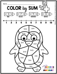 the color by sum worksheet for students to learn numbers and colors with pictures